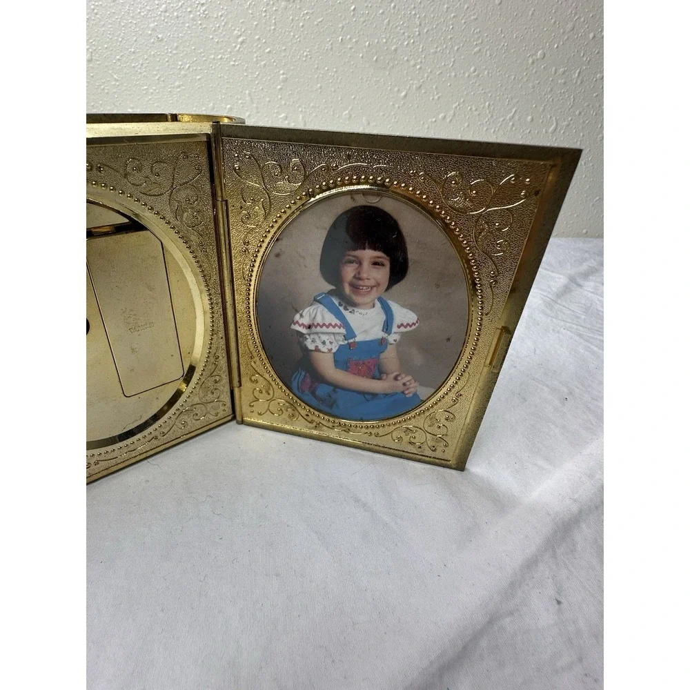 Vtg Danbury Clock Double Frame Gold Ornate Folds Up Alarm Hard to find
